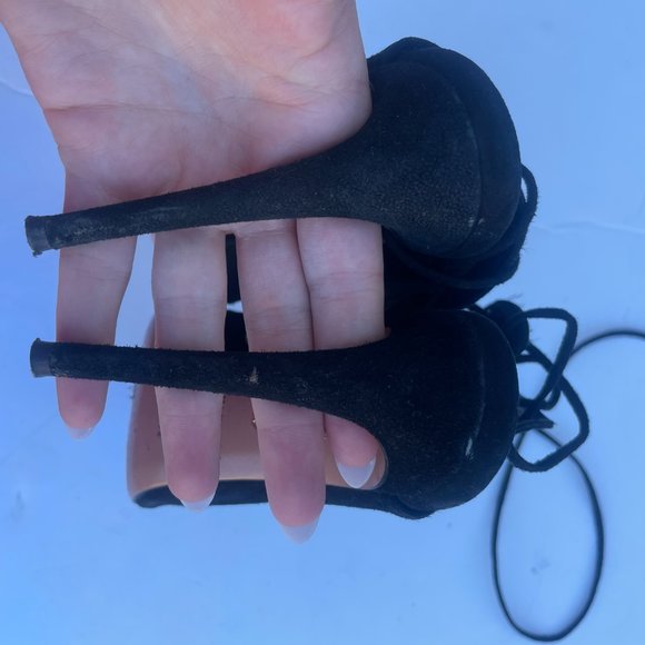 Aquazzura Firenze Slone Peep Toe Bootie Black Suede Sz 35 Slit-Front Lace - Picture 8 of 11